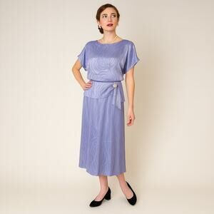 Vintage 80s Women's Medium Dress Lavender Pleated w/ Peplum & Rhinestone